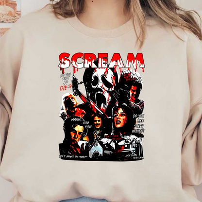 A bold and graphic tribute to the classic horror film "Scream," featuring iconic imagery and chilling quotes from the movie.DTF Transfers dtf prints