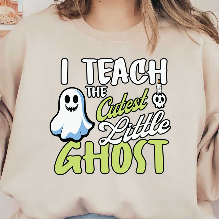 Un diseño divertido que presenta un lindo fantasma con la frase "Enseño al fantasma más lindo", perfecto para los entusiastas de Halloween.