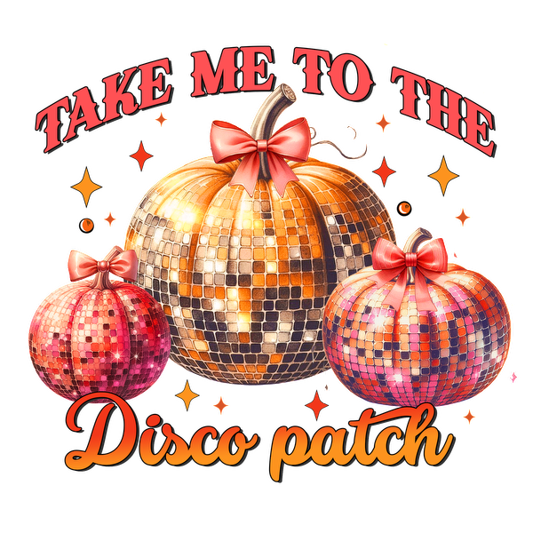 Celebrate fall with this vibrant design featuring disco-inspired pumpkins adorned with bows, perfect for a festive and fun atmosphere! dtf transfers heat press transfers