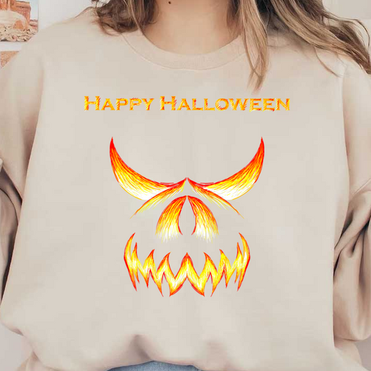 A fiery, Halloween-themed graphic featuring ominous horns and an evil grin, topped with “Happy Halloween” in bold letters.dtf regular iron