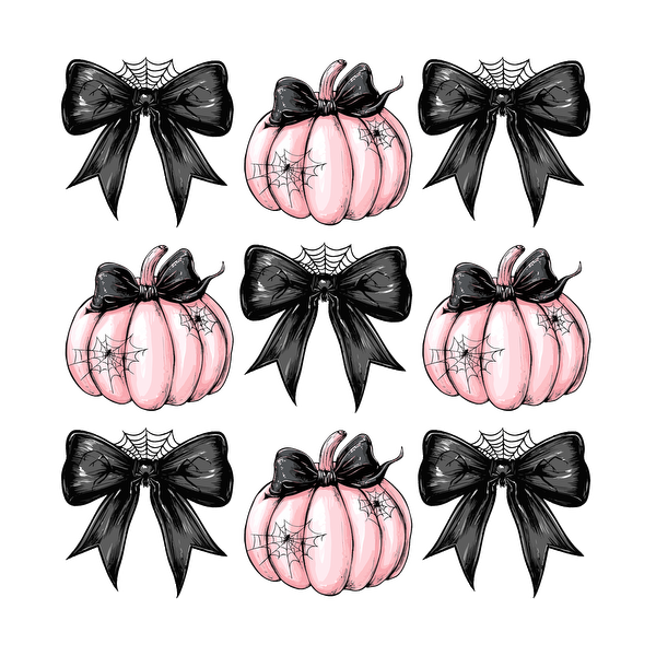 Un arreglo caprichoso de calabazas rosas adornadas con lazos negros y telarañas, perfecto para la decoración de Halloween.