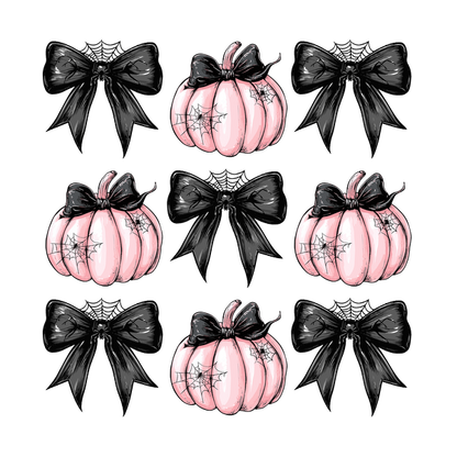 Un arreglo caprichoso de calabazas rosas adornadas con lazos negros y telarañas, perfecto para la decoración de Halloween.