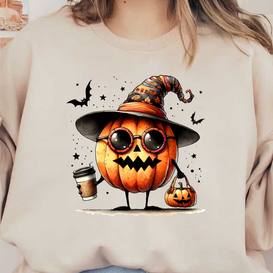 Este extravagante personaje de calabaza, que viste un sombrero de bruja estampado y gafas, sostiene una taza de café y una bolsa de dulces.