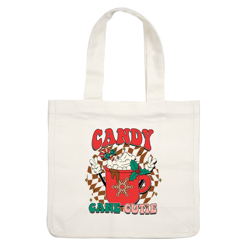 Celebre el espíritu navideño con este gráfico vibrante "Candy Cane Cutie" que presenta una divertida taza de chocolate caliente cubierta con crema batida.