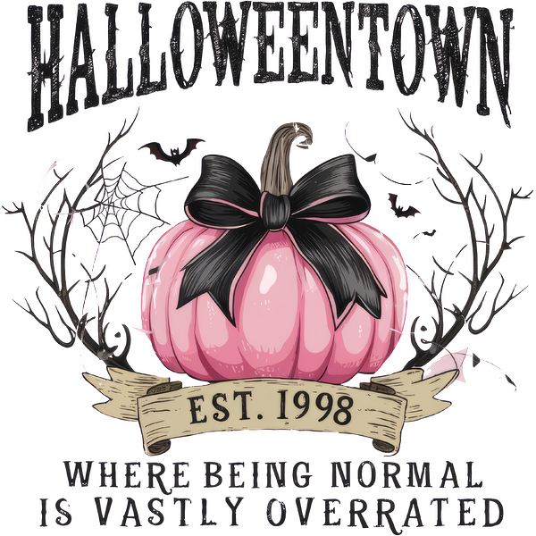 Un diseño caprichoso con una calabaza rosa y un lazo negro que celebra la "Ciudad de Halloween", fundada en 1998, con un lema peculiar.