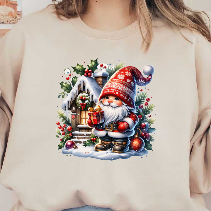 A jolly Santa Claus in a vibrant red outfit stands near a cozy, snow-covered cottage, holding a beautifully wrapped gift.DTF Transfersdtf regular iron