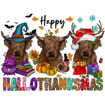 A whimsical illustration featuring three Highland cows adorned with festive hats, surrounded by autumn and winter decorations.DTF Transfersdtf regular iron