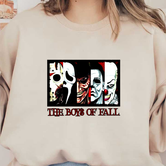 Una obra de arte vibrante que presenta máscaras icónicas de películas de terror con el texto en negrita "THE BOYS OF FALL" en la parte inferior.