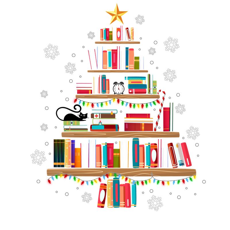 A festive Christmas tree made of colorful books, adorned with lights and a star, bringing a whimsical holiday spirit.DTF Transfers