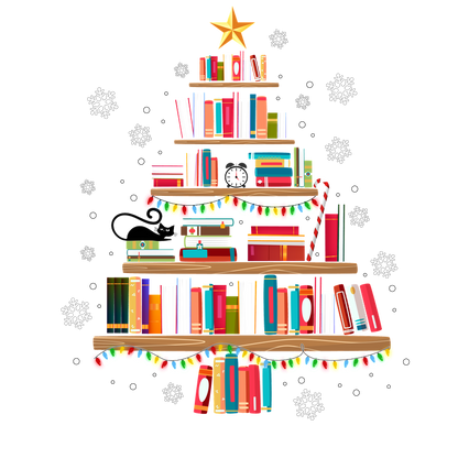 A festive Christmas tree made of colorful books, adorned with lights and a star, bringing a whimsical holiday spirit.DTF Transfers