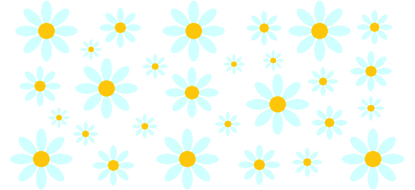 A vibrant arrangement of light blue daisies with cheerful yellow centers, creating a lively floral pattern perfect for any design.UV Transfers dtf prints