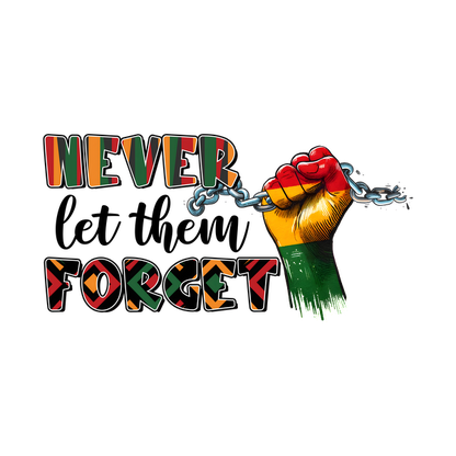 A powerful graphic featuring a raised fist breaking chains, accompanied by the words "NEVER FORGET," emphasizing strength and resilience. dtf prints