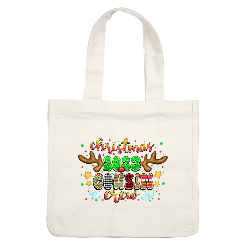 Festive "Christmas 2023 Cousin Crew" design featuring playful colors, reindeer antlers, and fun patterns, perfect for holiday gatherings!DTF Transfers heat press transfers