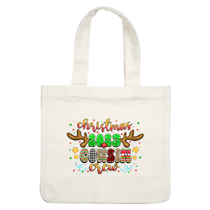 Festive "Christmas 2023 Cousin Crew" design featuring playful colors, reindeer antlers, and fun patterns, perfect for holiday gatherings!DTF Transfers heat press transfers