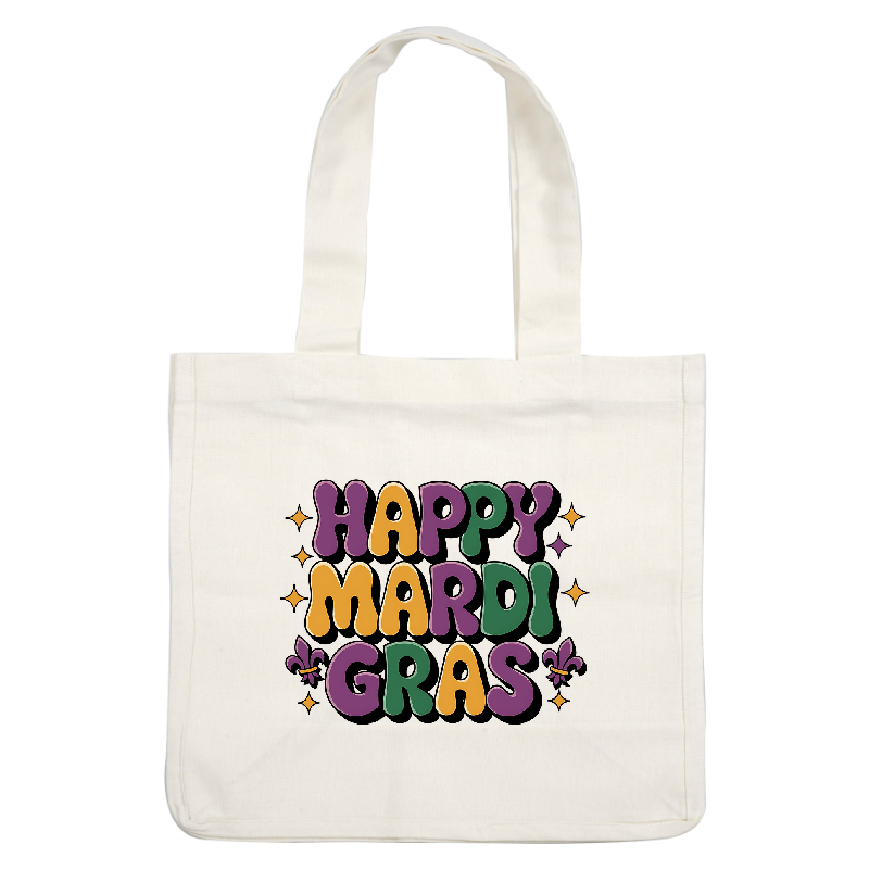 Celebrate with vibrant "Happy Mardi Gras" lettering in purple, green, and gold, adorned with festive sparkles and a fleur-de-lis!DTF Transfers