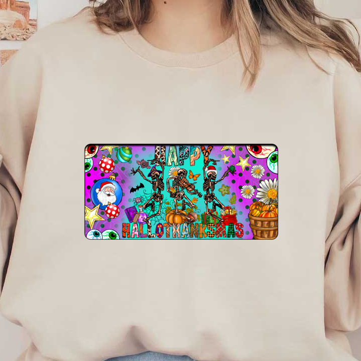 A whimsical and colorful design featuring dancing skeletons celebrating a fusion of Halloween, Thanksgiving, and Christmas with vibrant decorations.DTF Transfers dtf transfers