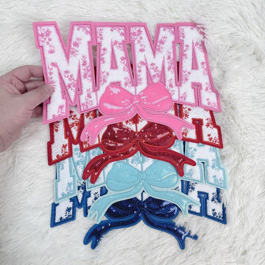 Colorful "MAMA" patches featuring sequined bows, available in pink, red, blue, and light blue, perfect for crafting or embellishing.Patches