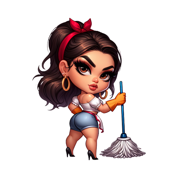 A charming cartoon character sporting a red headband and bold earrings, playfully holding a mop in stylish cleaning attire. heat press transfers