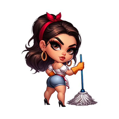 A charming cartoon character sporting a red headband and bold earrings, playfully holding a mop in stylish cleaning attire. heat press transfers