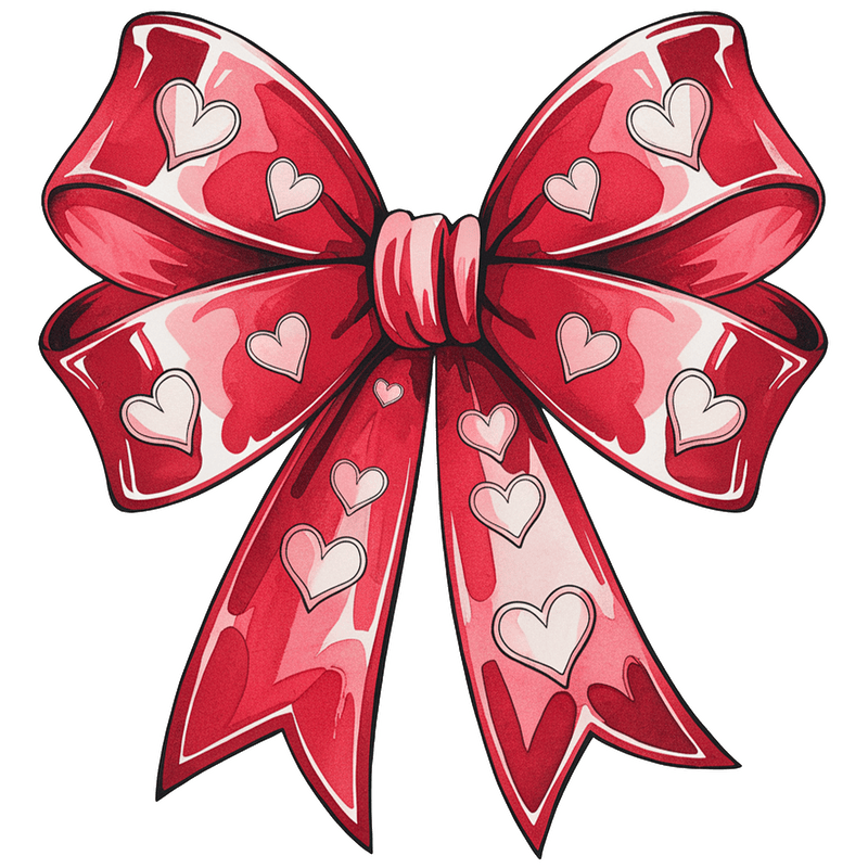 A vibrant red bow adorned with cute pink and white hearts, perfect for adding a touch of love to gifts or decorations.DTF Transfers