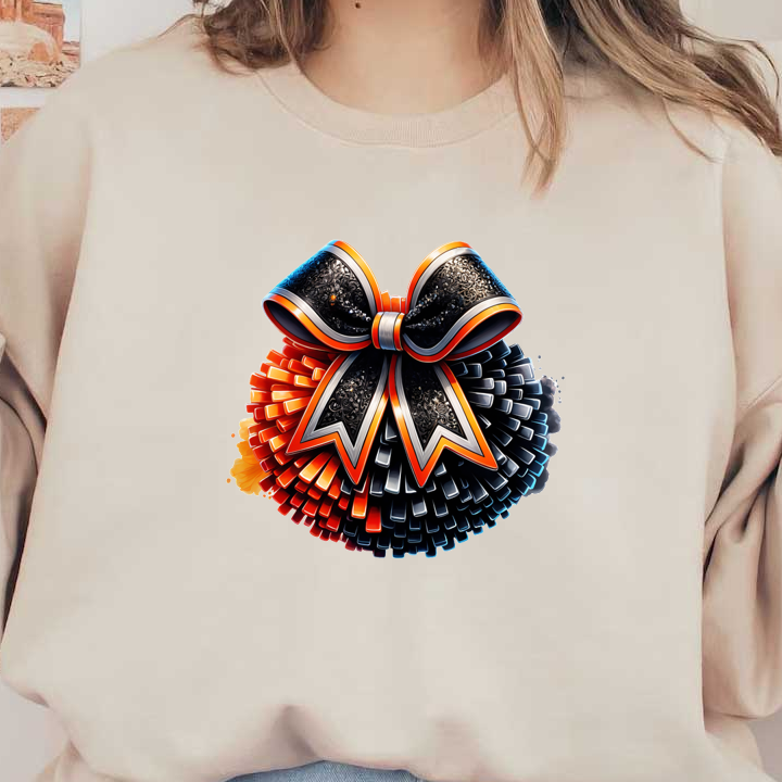 A vibrant, decorative pom-pom featuring a large, ornate black bow with orange and silver accents for a festive touch.DTF Transfers heat press transfers