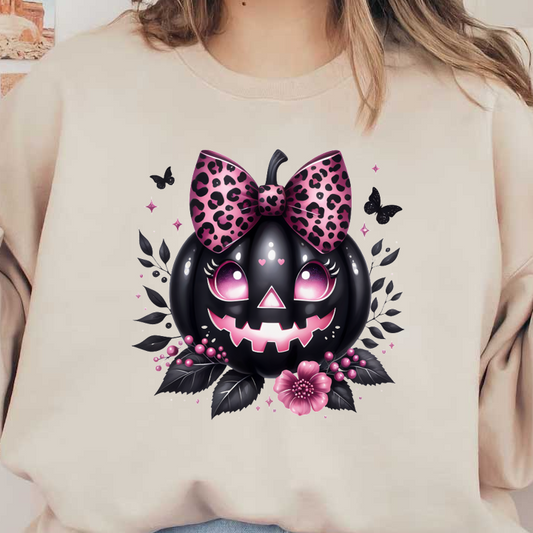 Una divertida calabaza negra con un lazo con estampado de leopardo, con lindos ojos y rodeada de flores y hojas rosas.