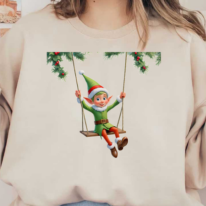 A cheerful elf in a green outfit and Santa hat swings joyfully, surrounded by festive greenery.DTF Transfers dtf transfers