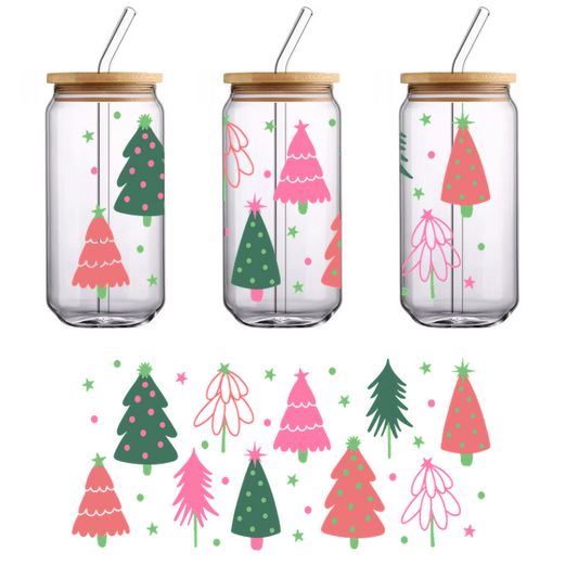 A cheerful illustration of colorful, whimsical Christmas trees adorned with polka dots, stars, and playful pastel colors.UV Transfers dtf prints