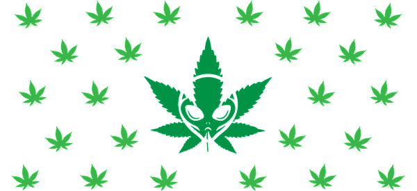 A vibrant pattern featuring various green cannabis leaves with a central alien design, perfect for a playful or psychedelic theme.UV Transfers dtf transfers