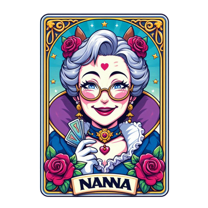 Esta colorida tarjeta presenta una encantadora figura de abuela, adornada con rosas y vasos, sosteniendo dinero con una sonrisa alegre.