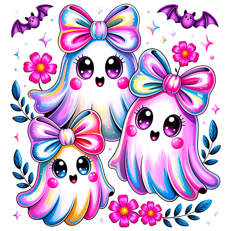 Three cute, colorful ghost characters with bows and cheerful expressions surrounded by flowers.DTF Transfers