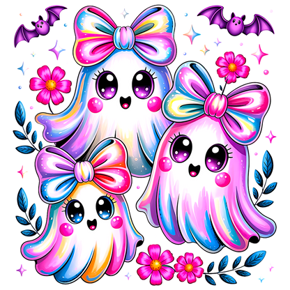 Three cute, colorful ghost characters with bows and cheerful expressions surrounded by flowers.DTF Transfers