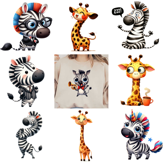 Cute zebras and giraffes in various styles decorate this unique t-shirt.DTF Transfers