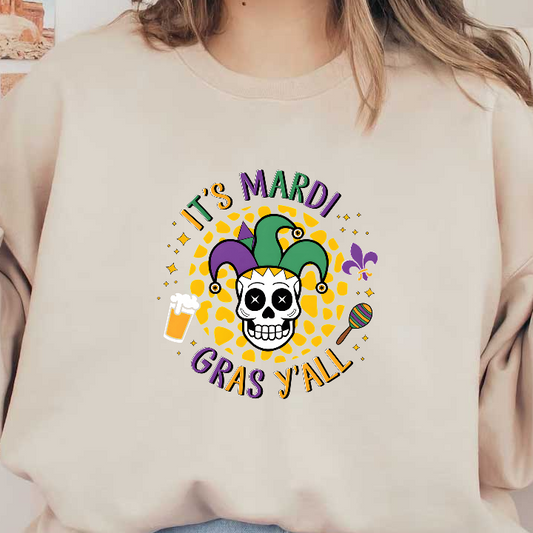 Celebrate Mardi Gras with this vibrant design featuring festive colors, a cheerful vibe, and decorative symbols of the celebration!DTF Transfers