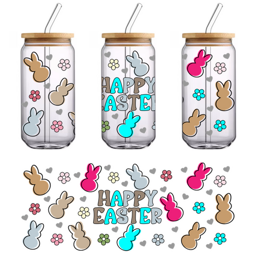 A colorful Easter greeting with cheerful bunnies and flowers, featuring the phrase "Happy Easter" in playful lettering.UV Transfers dtf transfers