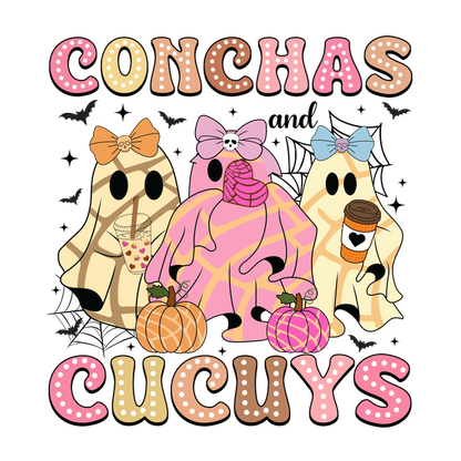 Una divertida ilustración de tres simpáticos fantasmas vestidos con trajes inspirados en las conchas, rodeados de calabazas y el texto "Conchas Cucuy".