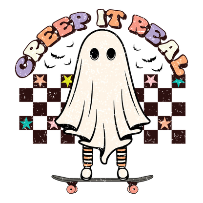 Un fantasma juguetón en una patineta, con la frase "Creep It Real", rodeado de estrellas de colores y un fondo a cuadros.