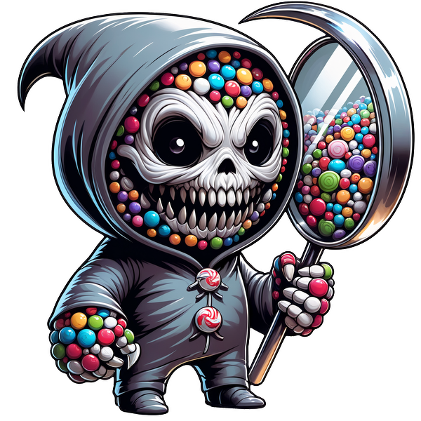 A whimsical, colorful character resembling a skeleton in a hooded cloak, holding a magnifying glass filled with candies. heat press transfers