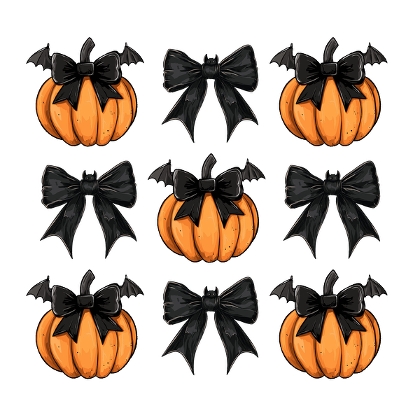 A festive pattern featuring playful pumpkins adorned with black bows and accompanied by whimsical bats, perfect for Halloween decor. heat press transfers