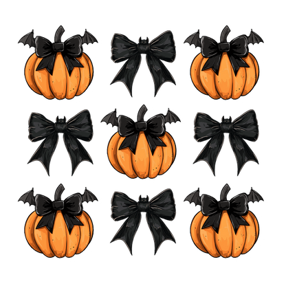 A festive pattern featuring playful pumpkins adorned with black bows and accompanied by whimsical bats, perfect for Halloween decor. heat press transfers