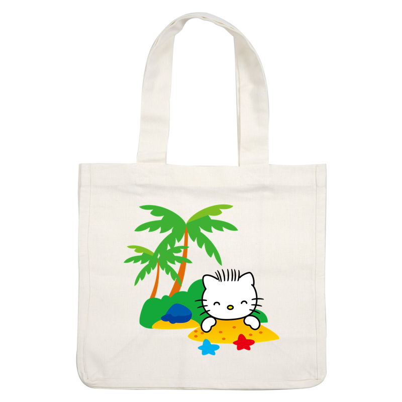 This cheerful illustration features a cute cartoon cat with a playful smile, surrounded by sandy beaches and tropical palm trees.DTF Transfers