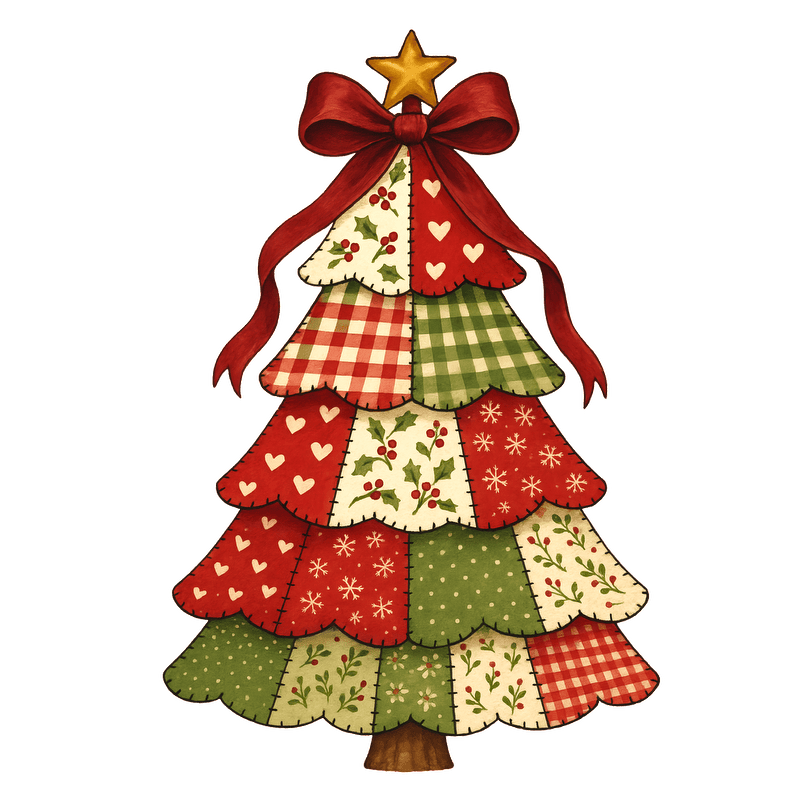 Charming patchwork Christmas tree adorned with a festive star and bow!DTF Transfers