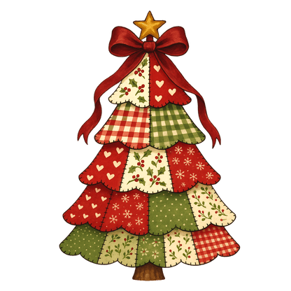Charming patchwork Christmas tree adorned with a festive star and bow!DTF Transfers