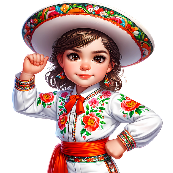 Una joven segura de sí misma, vestida con un colorido traje tradicional mexicano, con bordados florales y un sombrero de ala ancha.