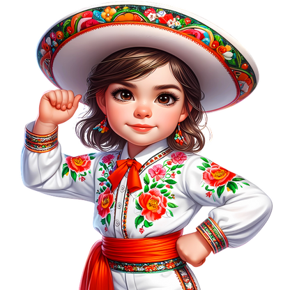 Una joven segura de sí misma, vestida con un colorido traje tradicional mexicano, con bordados florales y un sombrero de ala ancha.