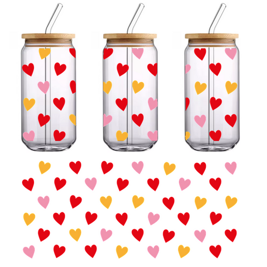 A vibrant pattern featuring scattered red, pink, and yellow hearts against a black background, perfect for romantic designs.UV Transfers dtf prints