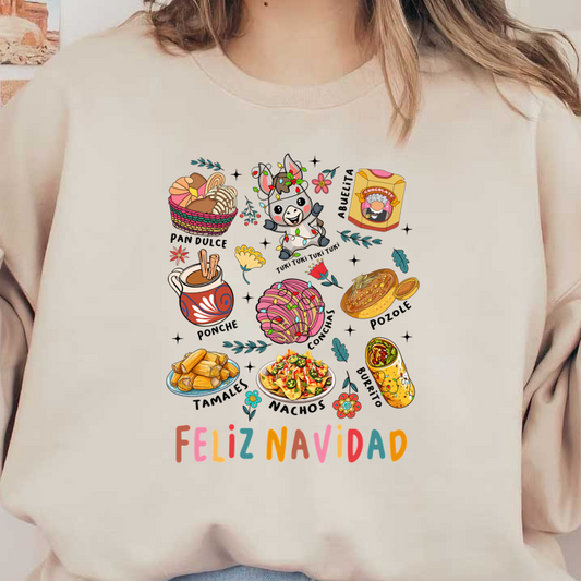 Celebrate the festive spirit with this vibrant illustration of traditional holiday treats, colorful decorations, and a cheerful character, all wishing "Feliz Navidad!"DTF Transfersdtf regular iron