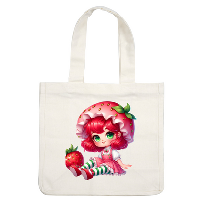 This whimsical illustration features a character wearing a cute strawberry-themed outfit, complete with a large strawberry hat and striped stockings.DTF Transfers