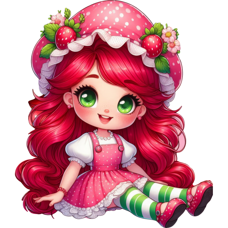 This charming character features vibrant pink hair, a polka-dotted dress, and a whimsical strawberry-themed hat, perfect for any playful theme.DTF Transfers