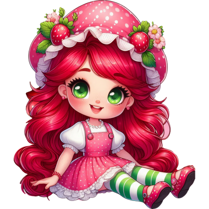 This charming character features vibrant pink hair, a polka-dotted dress, and a whimsical strawberry-themed hat, perfect for any playful theme.DTF Transfers